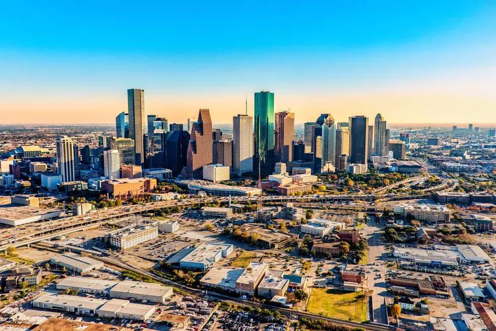 Houston, Texas USA, August 2001: Aerial of downtown skyline with