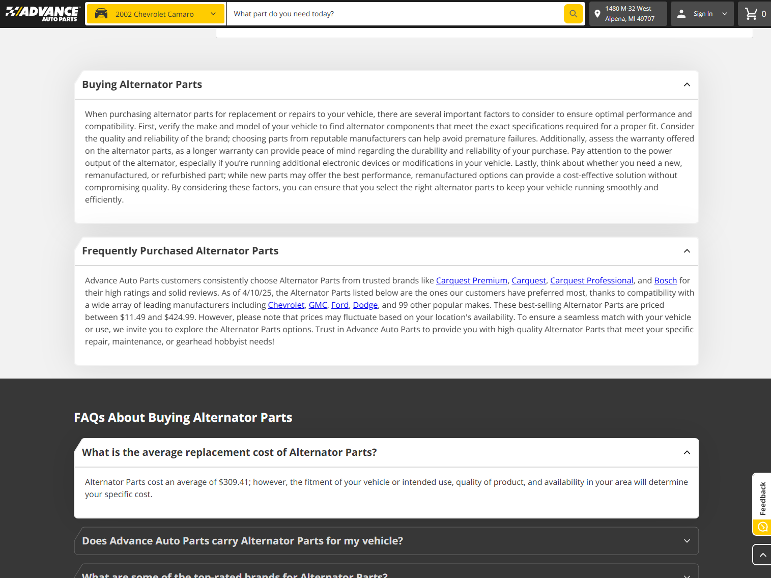 AAP Example of Content on Existing Advance Auto Parts pages