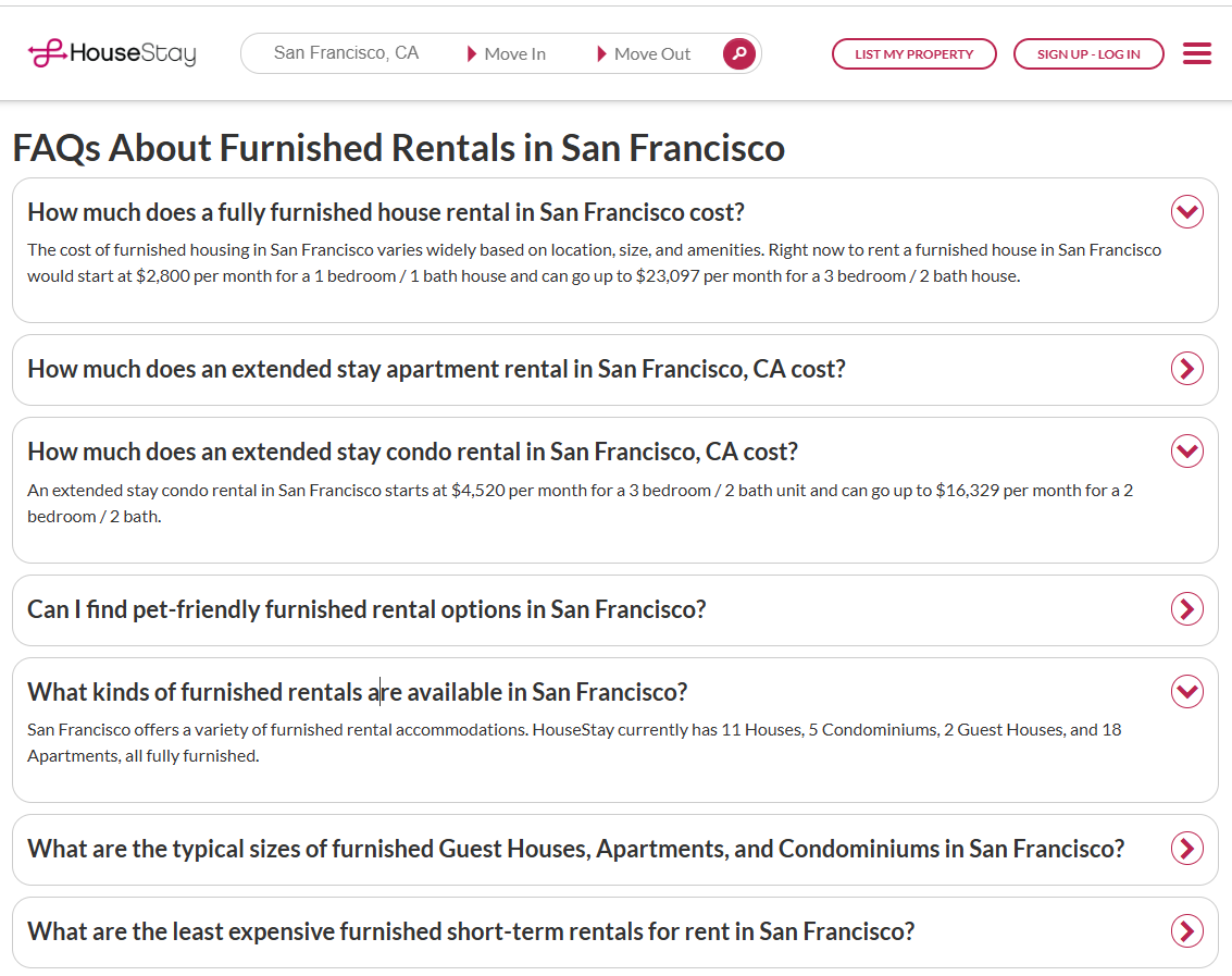 Example of FAQs on Housestay.com
